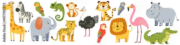Fototapeta A set of flat vector illustrations in a simple children's style. Cute elephant giraffe tiger leopard lion parrot ostrich flamingo crocodile chameleon zebra monkey on white background. Vector