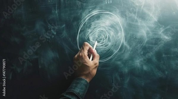 Fototapeta A close-up of a hand drawing spiral patterns on a dark chalkboard