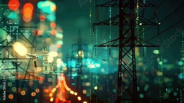 Fototapeta A blurry urban landscape glows with colorful lights and power lines