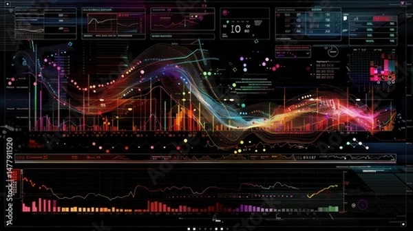 Fototapeta Digital data visualization with complex graphs and colorful wave-like lines