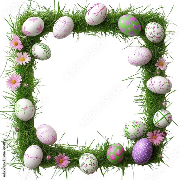 Fototapeta Festive frame with eggs and grass on transparent background