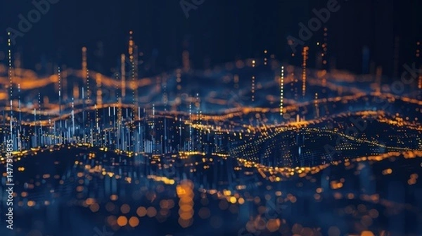 Fototapeta Abstract digital landscape with wave-like structures and glowing particles