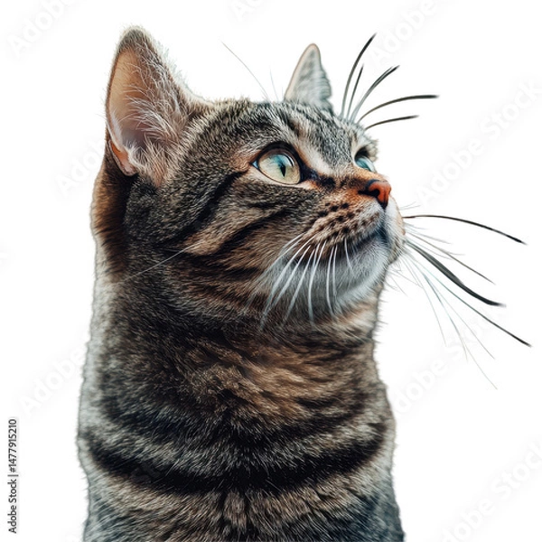 Fototapeta Gray tabby cat portrait isolated on black background looking up attentively curious feline face with expressive green eyes and long whiskers