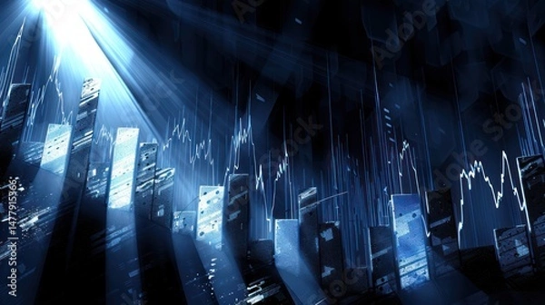 Fototapeta Abstract digital cityscape with illuminated skyscrapers and a fluctuating graph