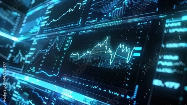 Fototapeta A close-up shot shows numerous screens with blue-toned graphs, depicting stock fluctuations
