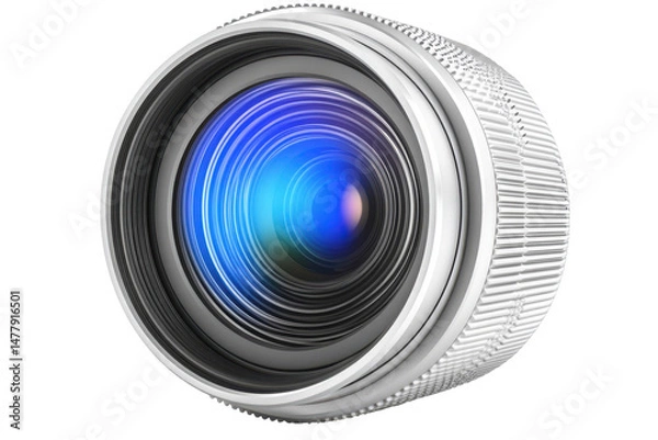 Fototapeta Camera lens with blue reflection, close up on black background, photography equipment