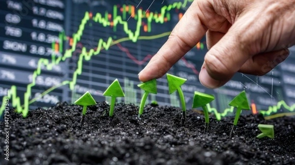 Fototapeta Hand pointing at growing green arrows sprouting from soil, stock chart background
