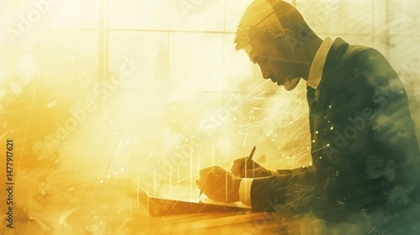 Fototapeta A man in a suit intently writes on a surface near a window, bathed in yellow hues