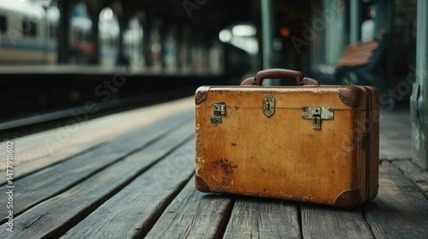 Fototapeta Worn leather suitcase standing on wooden train platform, with empty rails and distant station buildings in background. Nostalgic travel scene. Generative Ai