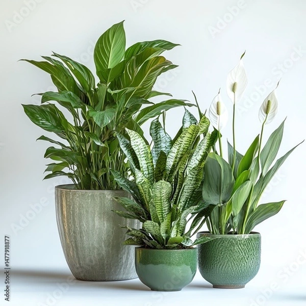 Obraz Potted Plants Illustration: Peace Lily, Snake Plant, and Spathiphyllum