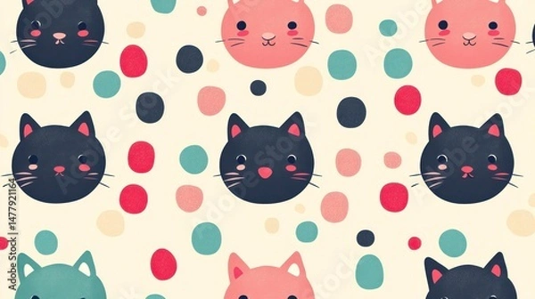Fototapeta Cute cat faces on a pastel polka dot background