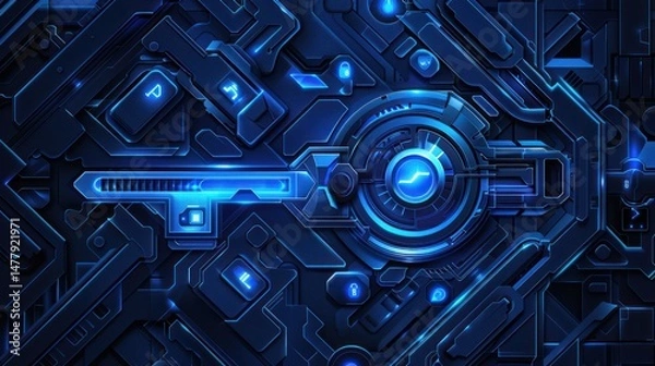 Fototapeta A technological key with glowing blue accents is centered on a dark, complex structure