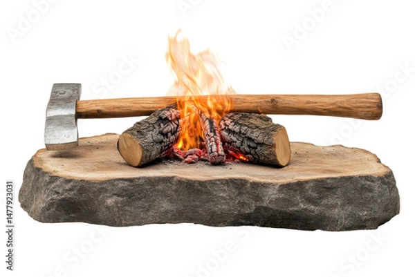 Fototapeta Axe, Wood Logs, and Fire on a Wood Stump Isolated on Black