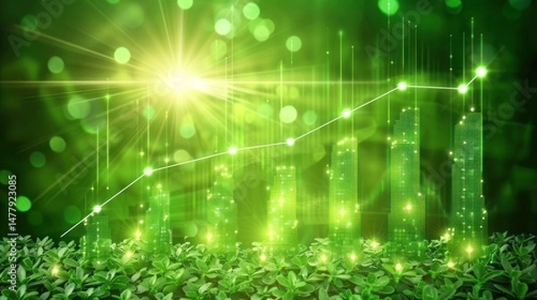 Fototapeta A visual representation of growth and success, featuring a line graph over a green landscape with a sun