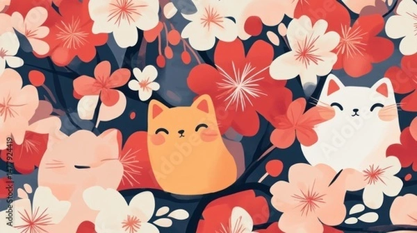 Obraz Cute cats among cherry blossoms