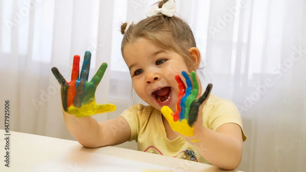 Fototapeta Creative Kids Painting with Colorful Hands and Paint Jars, Fun Artistic Activity, Early Childhood Development Concept