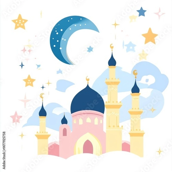Obraz Illustration of Mosque, Crescent Moon, and Stars