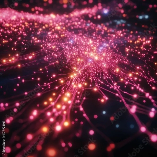 Fototapeta Glowing network; pink, orange nodes and lines.