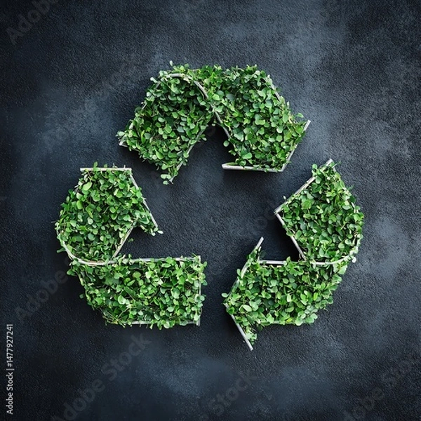 Obraz Photo: Recycling Symbol with Green Plants on Dark Background