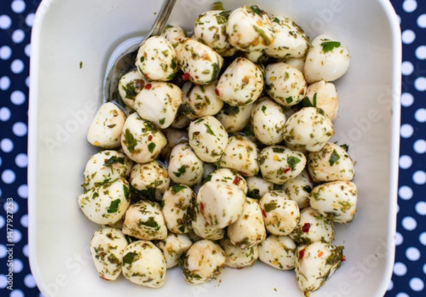 Obraz A close-up bowl of mozzarella cheese 