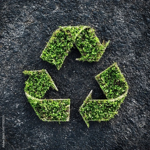 Obraz Photo - Recycling Symbol Made from Green Plants on Asphalt Background, Promoting Environmental Awareness