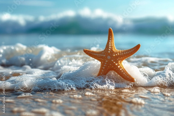 Obraz Starfish on the beach sand in the sea waves and spray on a sunny day. Summer, holiday or nature theme.