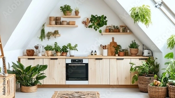 Fototapeta A bright, airy, plant-filled kitchen with wooden cabinetry.