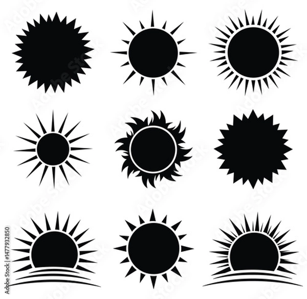 Fototapeta Sun icon set. Minimalist black and white sun symbols for design projects isolated on a white background.