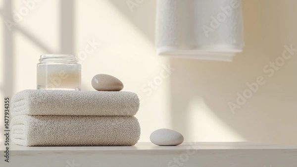 Fototapeta Relaxing Spa Scene with Stacked Towels and Wellness Elements spa wellness towels self care bathroom