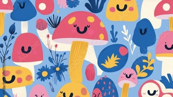 Fototapeta Cute mushroom pattern with flowers