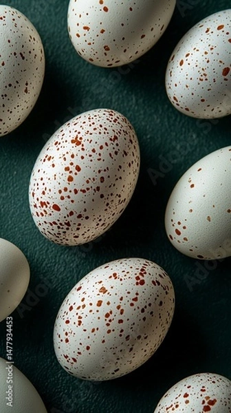 Fototapeta Close-up of speckled eggs  Arranged in a pattern on a dark surface