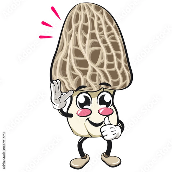 Obraz Cute Morchella mushroom vektor illustration mascot character wave hand and give a thumbs up sign, work of hand drawn