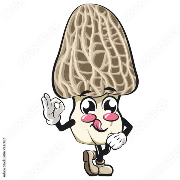 Obraz Cute Morchella mushroom vektor illustration mascot character greet by giving oke sign, work of hand drawn