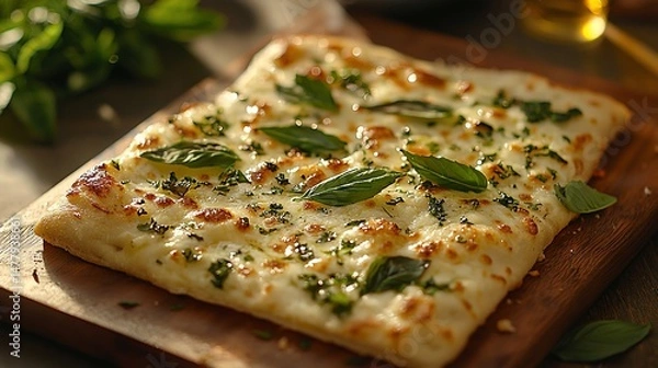 Fototapeta Rectangular pizza topped with melted cheese and fresh basil