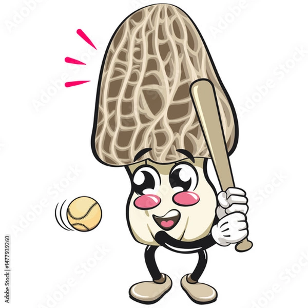 Obraz Cute Morchella mushroom vektor illustration mascot character playing baseball ready to hit the ball with the bat, work of hand drawn