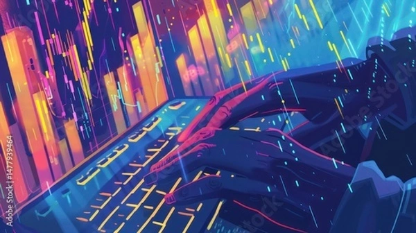Fototapeta An animated image captures hands typing rapidly on a glowing keyboard. Vivid colors. Data streams visualized