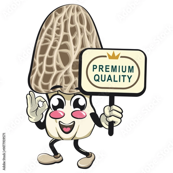 Obraz Cute Morchella mushroom vektor illustration mascot character carrying a sign board that says premium quality while giving an okay sign, work of hand drawn