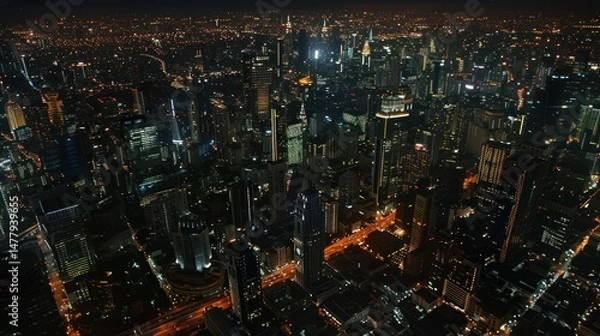 Fototapeta An aerial view of a vibrant cityscape illuminated at night, showcasing various skyscrapers