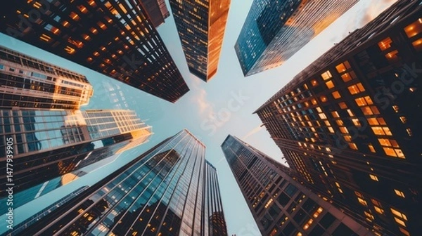 Fototapeta A low-angle view captures the towering buildings in the city. Reflective windows and clear sky
