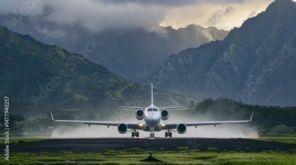 Fototapeta A private jet prepares for takeoff on a runway against a mountain backdrop