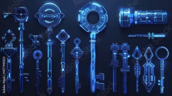 Fototapeta A collection of futuristic keys arranged in a symmetrical composition on a dark backdrop, with bright blue luminescence