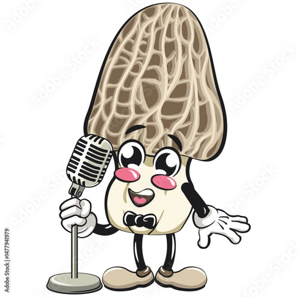 Obraz Cute Morchella mushroom vektor illustration mascot character on front of the mic become a stand up comedian, work of hand drawn