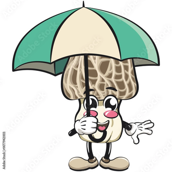 Obraz Cute Morchella mushroom vektor illustration mascot character with an umbrella, work of hand drawn