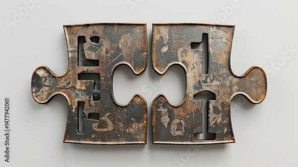 Fototapeta Two metallic jigsaw puzzle pieces connected, weathered, rusty, on gray background
