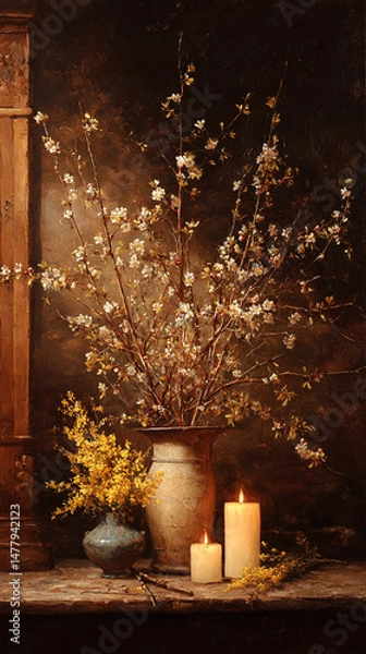 Fototapeta Oil painting depicting a still life of flowering branches in a vase, smaller yellow flowers in another vase, and two lit candles on a wooden surface, creating a serene and peaceful atmosphere