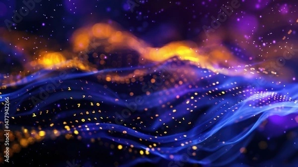 Fototapeta A mesmerizing digital artwork displays luminous waves, with particles in rich hues