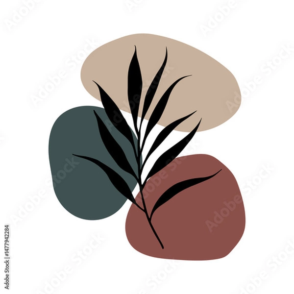 Fototapeta Botanical Leaf with Abstract Shape. Minimal black leaf illustration combined with soft abstract background shapes in earthy tones.