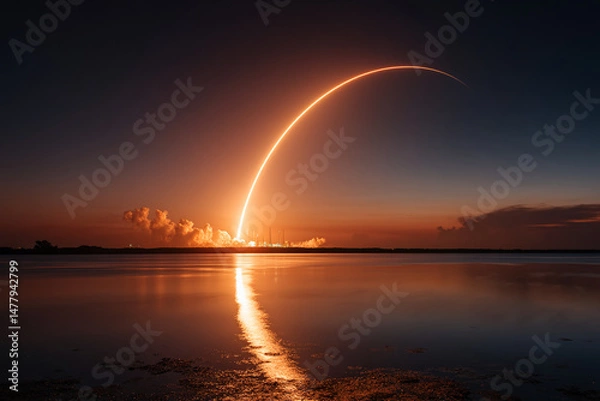 Obraz Rocket launch at sunset, fiery trail arcing across the sky, reflected in calm water, showcasing exploration, ambition, and technological advancement