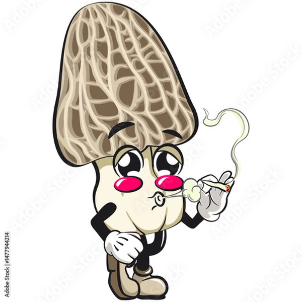 Obraz Cute Morchella mushroom vektor illustration mascot character smoke calmly, work of hand drawn