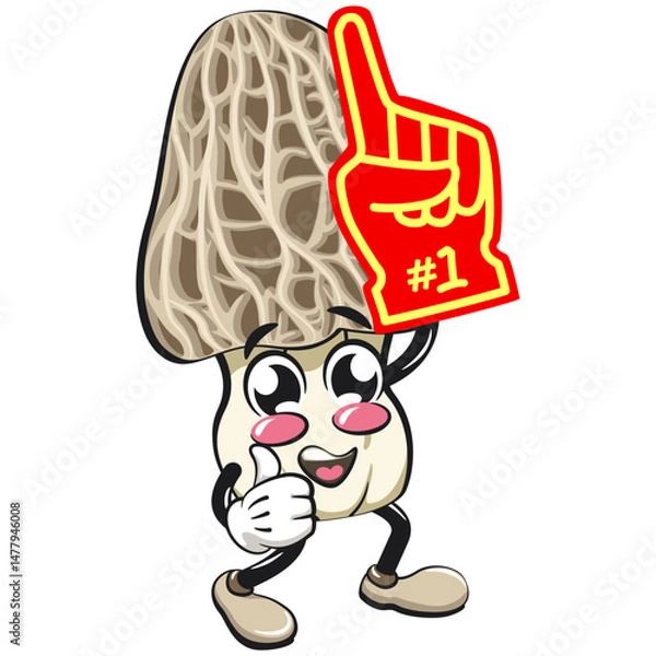 Obraz Cute Morchella mushroom vektor illustration mascot character raise finger foam, work of hand drawn